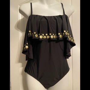 Amazing Athena One Piece Black & Gold Studs Off The Shoulder Swimsuit Sz 8